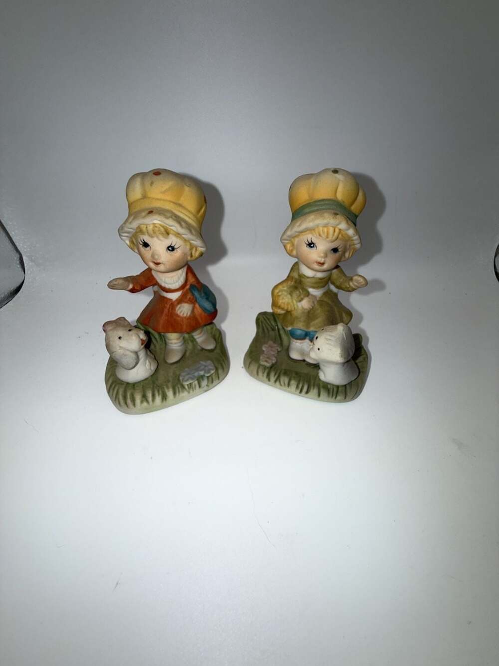 Vintage Blonde Girl Blue Purse With Yellow Bone & Puppy W/Bow Figurine 4” Tall